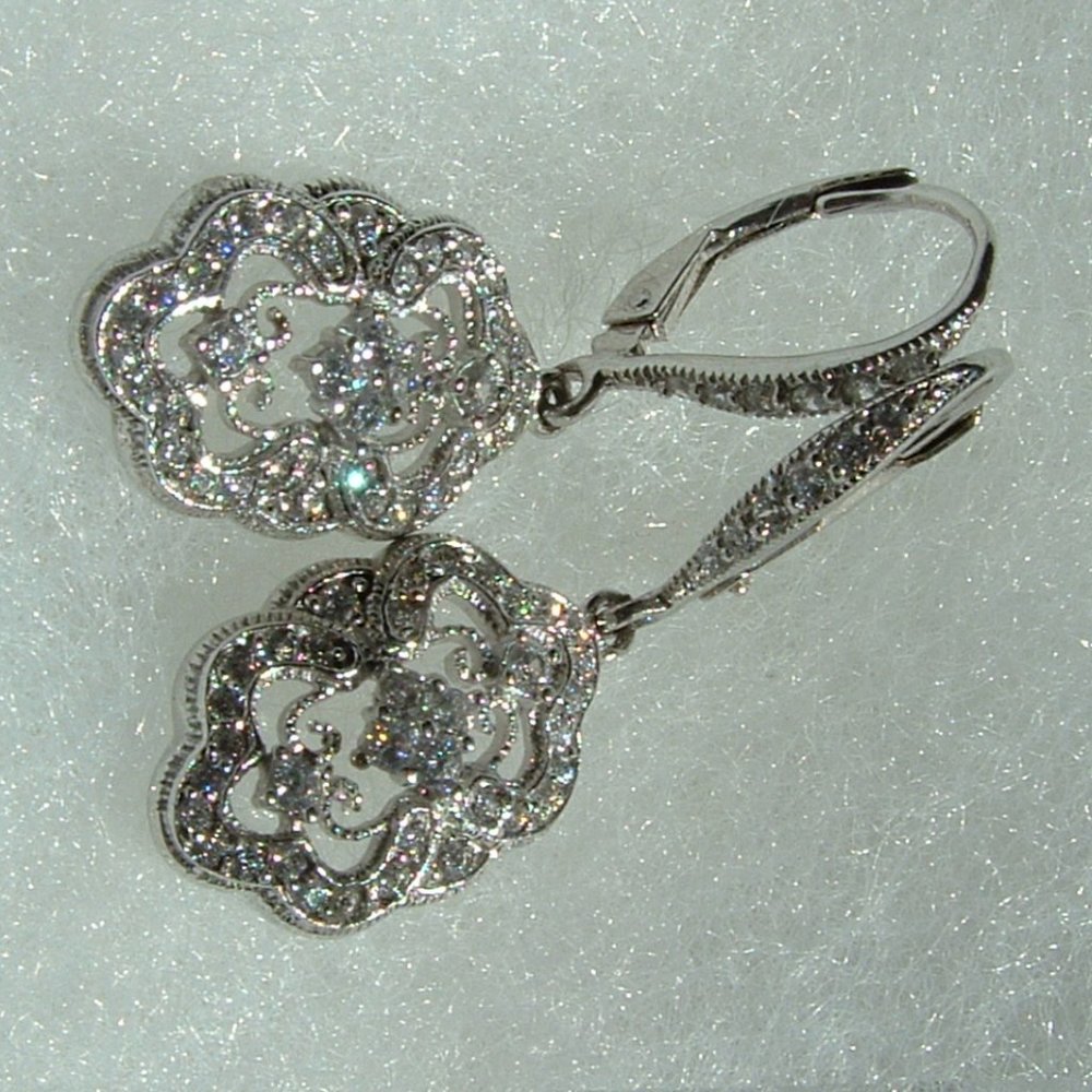 925 Sterling Silver CZ Diamonique Floral Earrings Retro Art Deco Style - Picture 13 of 14